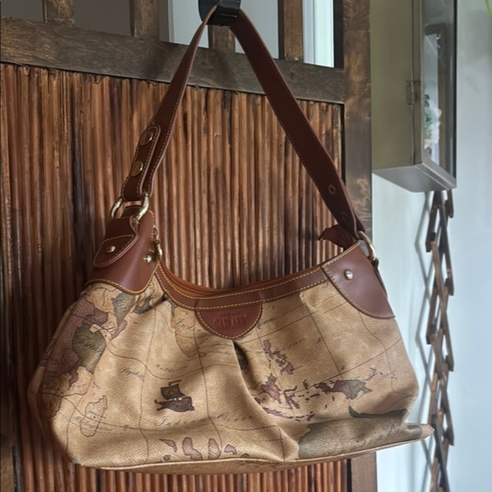 Brown and Tan Shoulder Bag with Map / world Pattern